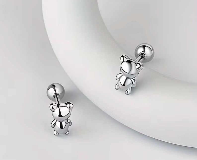14K Gold plated baby earrings, Baby girl first earrings, Real gold and silver, Silver Earrings, gold and silver studs Bear - white gold