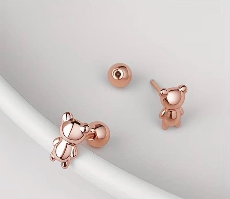14K Gold plated baby earrings, Baby girl first earrings, Real gold and silver, Silver Earrings, gold and silver studs Bear - rose gold