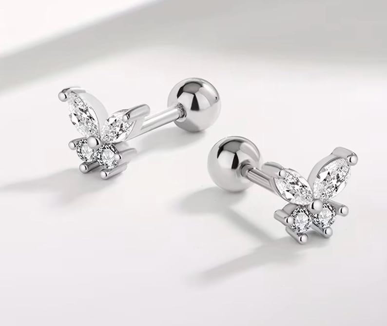 14K Gold plated baby earrings, Baby girl first earrings, Real gold and silver, Silver Earrings, gold and silver studs Butterfly white gold