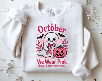In October We Wear Pink PNG Png, Breast Cancer Awareness Png, Retro Breast Cancer Png, Halloween Pink Ghost png, Halloween Shirt digital