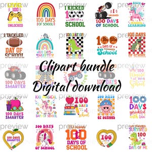 Vier 100 dagen school met kleurrijke clipartontwerpen, perfect voor leraren en POD-verkopers - digitale downloadbundel met png-bestand