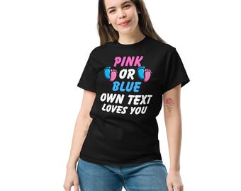 ピンクまたはブルーの男女別性別発表用Tシャツ。性別発表用Tシャツ、ファミリー向け性別発表用シャツ、名前入りファミリー向け性別発表用Tシャツなど、様々な商品をご用意しております。