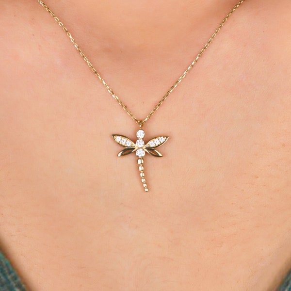 14k Solid Gold Tiny Dragonfly Necklace, Dragonfly Charm Pendant, Good Luck Gift For Her, Minimalist Birthday Gift