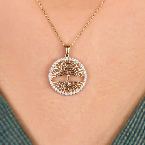 14K Solid Gold Tree Of Life Necklace For Women, Minimalist Jewelry, Family Tree Pendant, Tree of Life Necklace With Stone