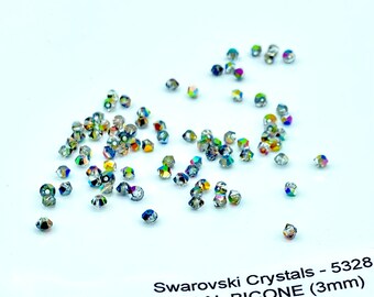 Genuine Austrian Swarovski® 5328 Vitrail Bicone AB 3mm, Swarovski Bicone Vitrail AB crystals 3mm, packs of 36, 43, 60 and 72.