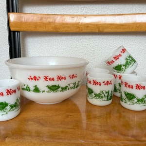 Vintage 1950s Hazel Atlas Christmas Egg Nog Milk Glass - Holiday Punch Bowl with 6 mugs.