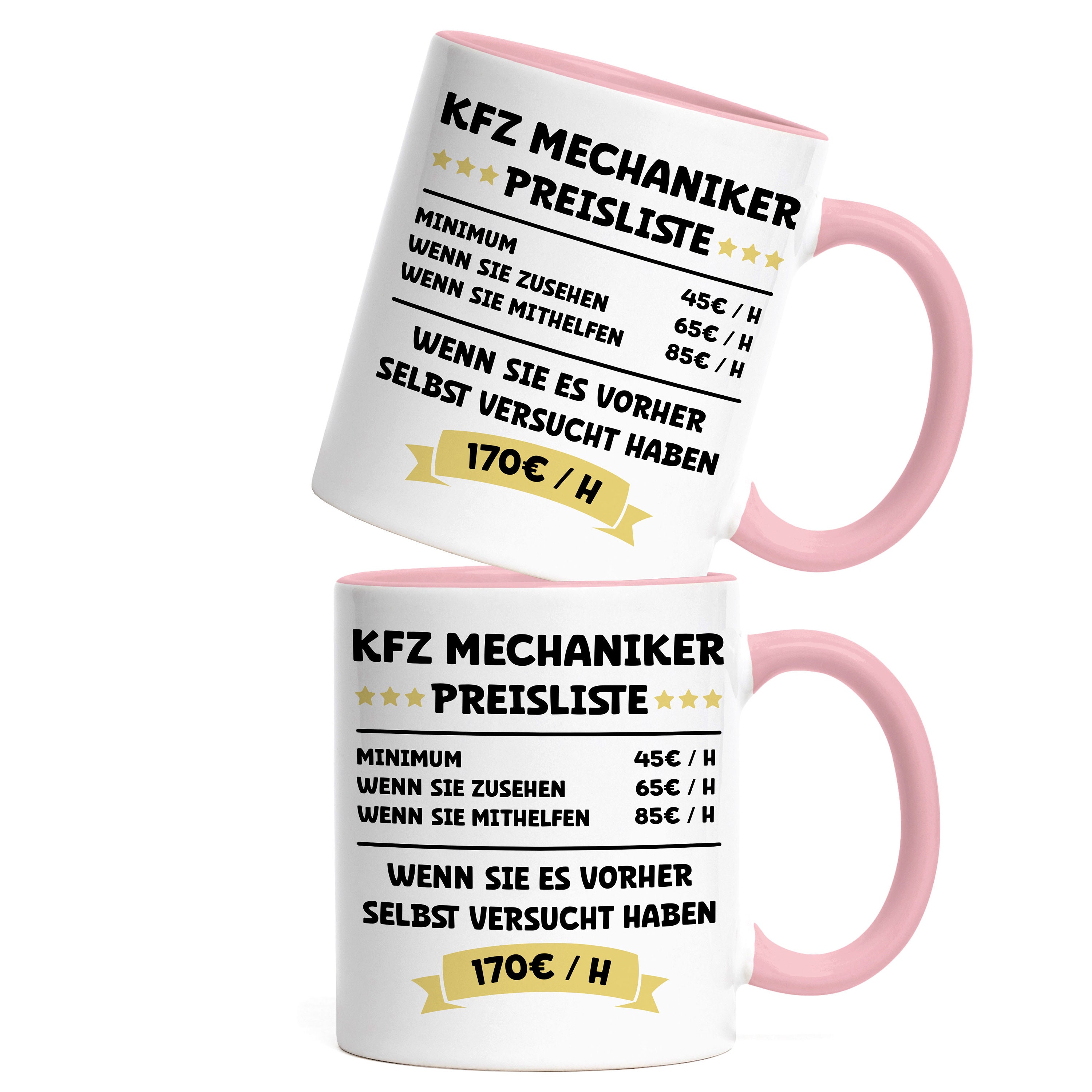 KFZ Mechaniker Preisliste Tasse Rosa Schwarz Beruf Arbeit Job