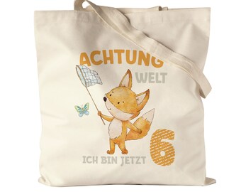 Attention World I Am Now Six Fabric Bag Jute Bag Canvas 6th Birthday 6 Years Butterfly Birthday Child Happy Birthday