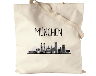 MÜNCHEN Skyline Jutebeutel Stoffbeutel Canvas Souvenir Andenken Deutsche Großstädte Motiv Stadt Silhouette Geschenkidee Umzug