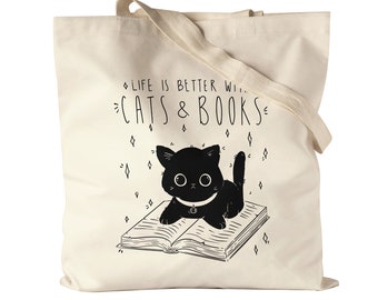 Life is better with cats and books jute bag fabric bag book lover reading book cat love animal lover sweet bookworm