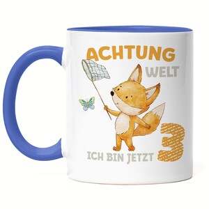 Attention World I Am Now Three Cup Blue 3rd Birthday 3 Years Fox Butterfly Birthday Child Happy