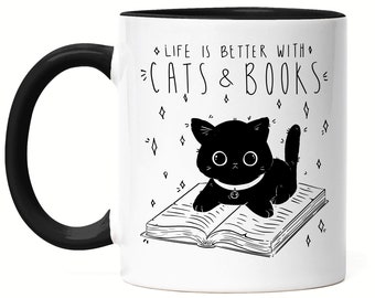Life is better with cats and books mug black book lover book reading cat love animal lover sweet bookworm