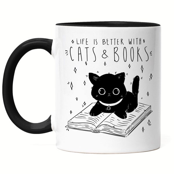 Life is better with cats and books Tasse schwarz Bücherliebhaber Buch lesen Katzenliebe Tierfreund süßer Bücherwurm