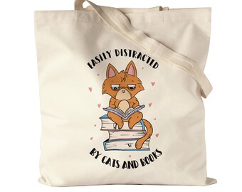 Easily distracted by cats and books Jute bag fabric bag book lover cat friends cute cat bookworm reading
