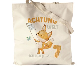 Attention World I Am Now Seven Fabric Bag Jute Bag Canvas 7th Birthday 7 Years Birthday Child Congratulations Celebration