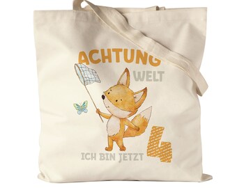 Attention World I Am Now Four Fabric Bag Jute Bag Canvas 4th Birthday 4 Years Butterfly Birthday Child Happy Birthday