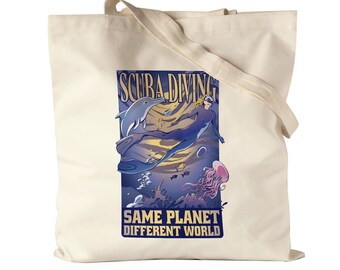 Suba Diving Same Planet Different World Fabric Bag Jute Bag Canvas Diver Sea Ocean Fish Swimming Diving Goggles