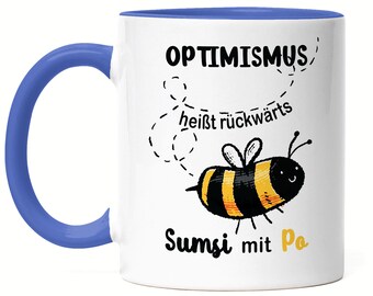 Ottimismo significa Sumsi capovolto con tazza Po Blue Bee Divertente idea regalo umoristica Gioco di parole