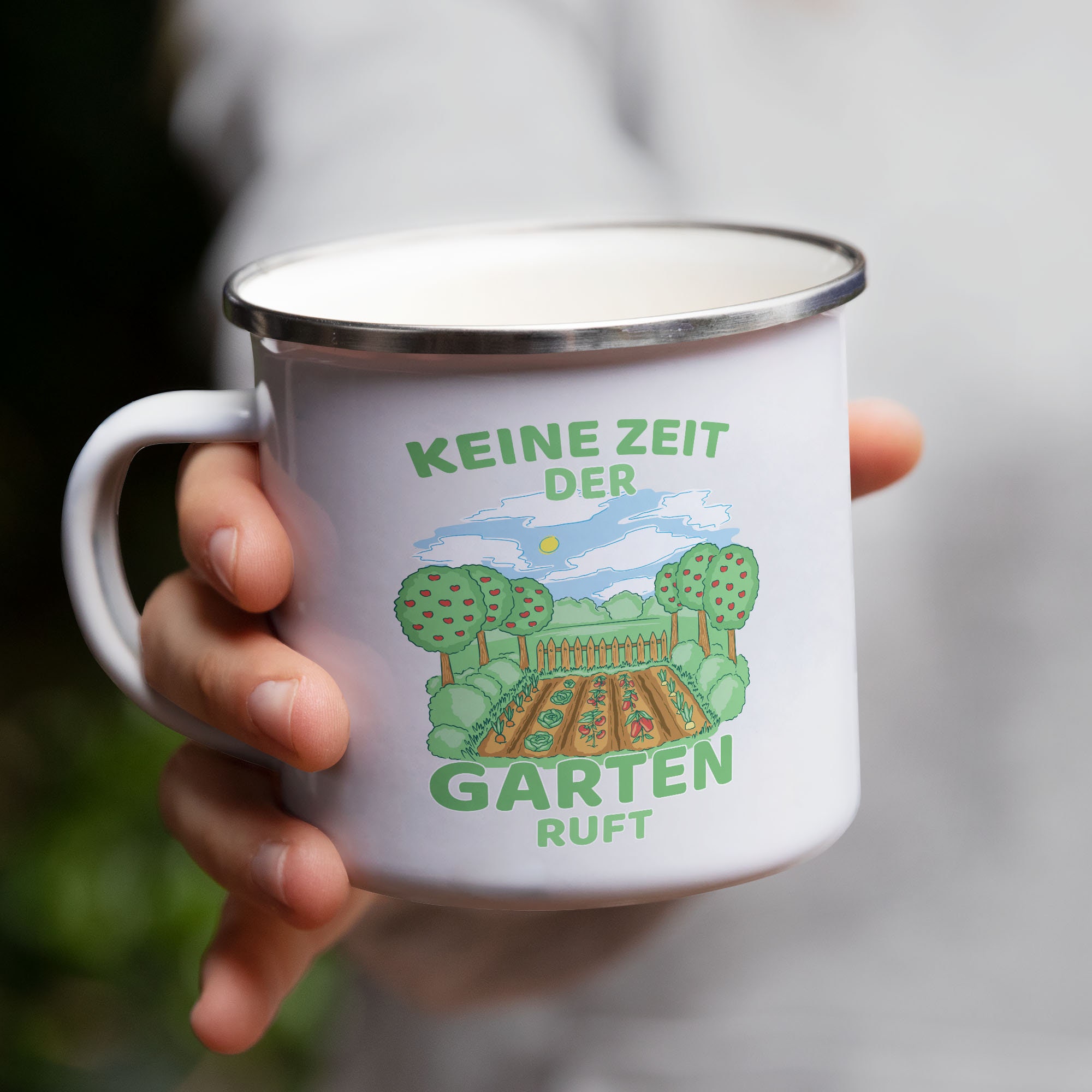 Emaille Tasse 'Keine Zeit – Der Garten Ruft' – 300 Ml, Weiß Mit Schwarzem Rand | Robust, Kratzfest, Spülmaschinengeeignet | Geschenk Für Gärtner