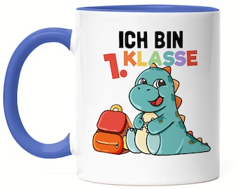 Ik ben 1st Class Cup Blue Sweet Dino Motif T-Rex Schoolchild School Enrollment Gift