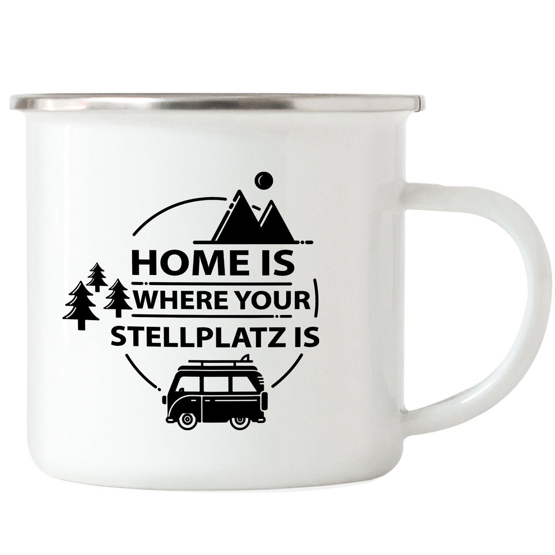 Moonworks Emaille-Tasse Mit Camping-Spruch: Home Is Where The Stellplatz Is - Perfekt Für Camper Und Wohnmobil-Fans