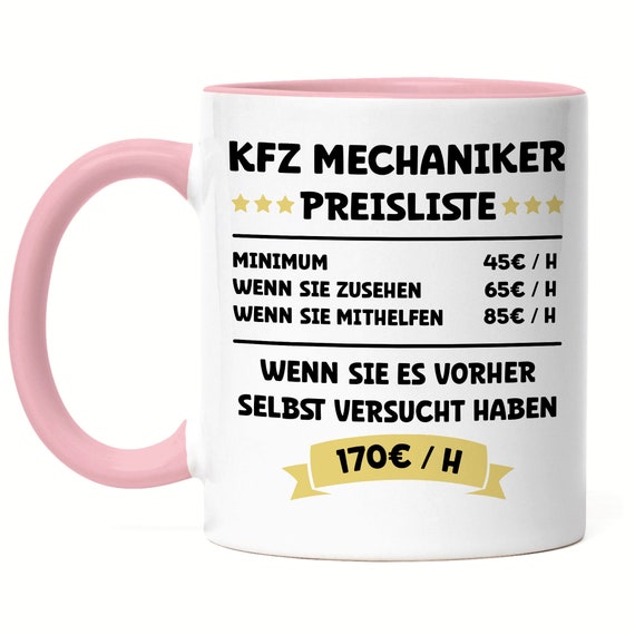 KFZ Mechaniker Preisliste Tasse Rosa Schwarz Beruf Arbeit Job