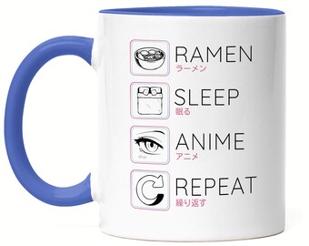 Ramen Sleep Anime Repeat Mug Blue Japan Manga Otaku Baka Gift Idea