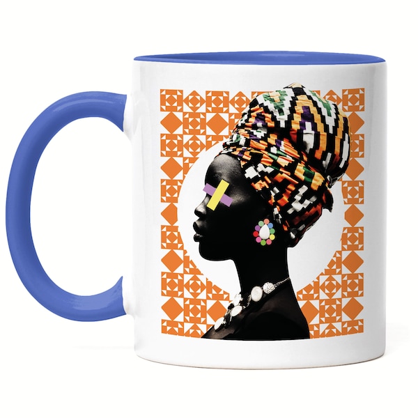 Afrikanische Frau Tasse blau Retro Look Style Schöne Frau Beauty Turban Coffeecup Coffeelover Heimatgefühl Geschenk