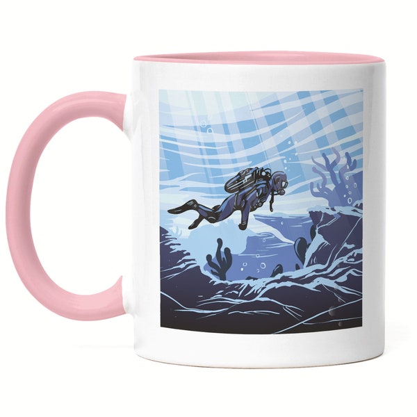 Taucher Tasse Rosa Fische Meer Gewässer Wasser See Meer Ozean Schwimmen Sauerstoffflasche Neoprenanzug Taucherbrille