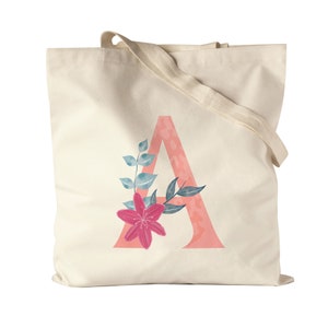 Buchstaben-Beutel A Jutebeutel Stoffbeutel Canvas mit Buchstabe Alphabet Monogramm Blumenmotiv Geschenkidee Anfangsbuchstabe