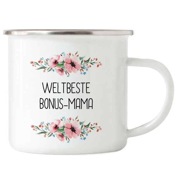 Weltbeste Bonus-Mama Emaille Tasse Mutterliebe Blumenmotiv Geschenkidee Muttertag Geburtstag