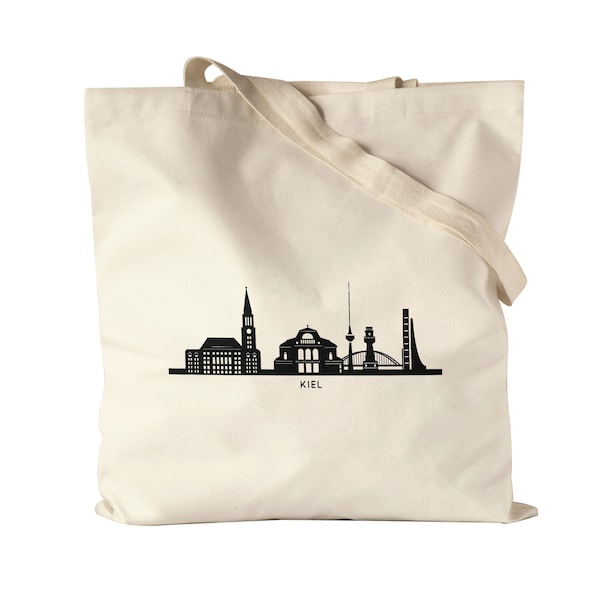 KIEL Skyline Jutebeutel Stoffbeutel Canvas Souvenir Andenken Deutsche Großstädte Motiv Stadt Silhouette Geschenkidee Umzug