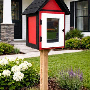 Pequeña biblioteca gratuita hecha a mano / Caja de libros comunitaria al aire libre con puerta de plexiglás / Techo de tejas / Intercambio de libros vecinal / Letrero de biblioteca