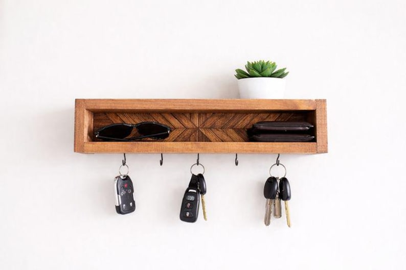 Llavero para entrada, soporte para gafas de sol, decoración del hogar, estante de pared, ganchos para llaves con estante, gancho para correa, estante de madera para llaves, organizador para entrada imagen 2
