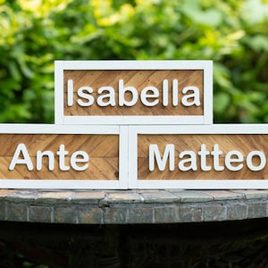 May include: Three wooden signs with white painted edges and white lettering. The top sign reads "Isabella", the middle sign reads "Ante", and the bottom sign reads "Matteo".