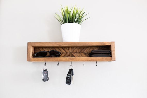 Entryway Key Holder, Sunglass holder, home decor, wall mounted shelf, key hooks with shelf, Leash hook, wood key rack, entryway organizer