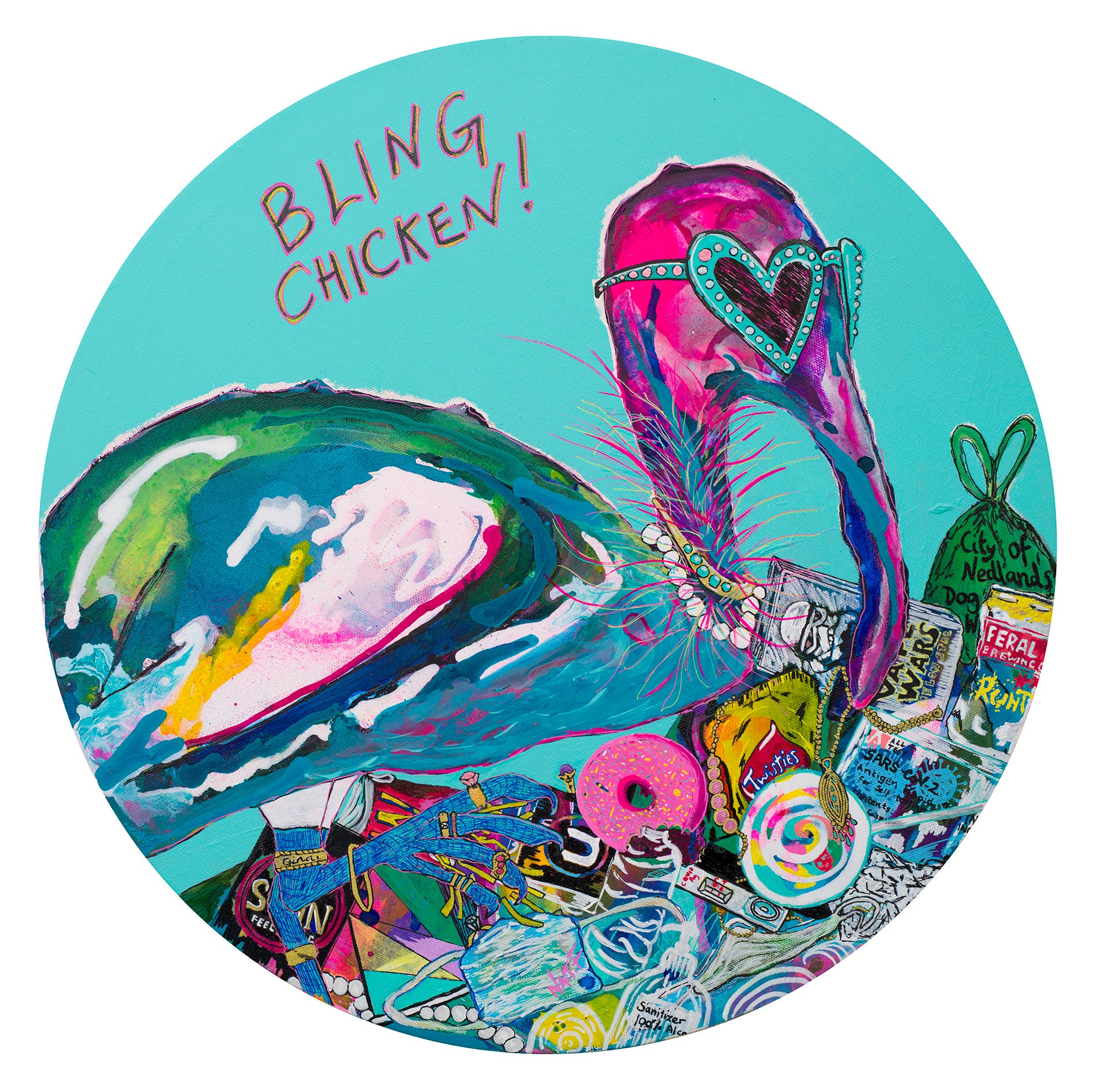 Pink & Aqua Canvas Print Bin Chicken, ready to hang. Bling Chicken Limited ed, 12" / 16” / 18” / Fun, neon bird in the trash, Natalie Fraser