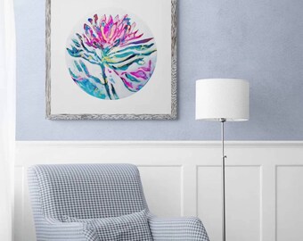 Pink, Blue & Green ‘Dreams In Bloom’ Limited Edition Fine Art Paper Print, 12” /16”/ 18” Abstract protea flower with gold Natalie Fraser