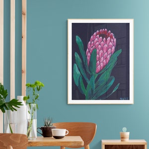 Pink, Green & Navy 'Pouty Protea', Limited Edition Fine Art Paper Print, sizes A4 / A3 / A2 contemporary floral, by Natalie Fraser Art