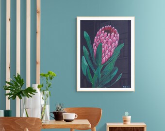 Pink, Green & Navy 'Pouty Protea', Limited Edition Fine Art Paper Print, sizes A4 / A3 / A2 contemporary floral, by Natalie Fraser Art
