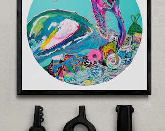 Pink & Aqua ‘Bling Chicken’ Bin Chicken, Limited Edition Fine Art Print, 12" / 16”/ 18”/ Funky, neon bird in trash, Natalie Fraser