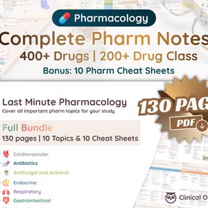 Complete Pharmacology Notes | 130 Pages | DIGITAL DOWNLOAD | Last Minute Study Note for Nursing, Medical, Pharmacy School