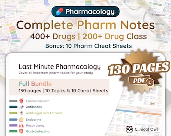 Complete Pharmacology Notes | 130 Pages | DIGITAL DOWNLOAD | Last Minute Study Note for Nursing, Medical, Pharmacy School