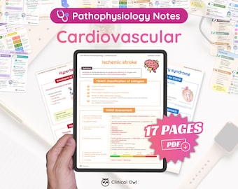 May include: A digital tablet displaying a 17-page PDF document titled "Cardiovascular" with notes on ischemic stroke, TOAST classification of subtypes, and initial assessment. The document is part of a larger set of "Pathophysiology Notes" and features a pink and white illustration of a brain. The tablet is held by a hand, and a pink and white sticker with the text "17 PAGES PDF" is in the foreground.