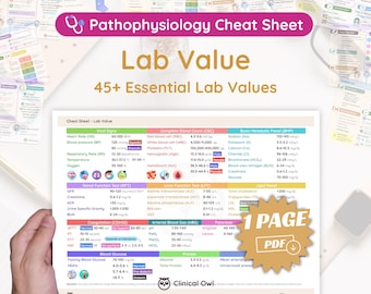 May include: A printable cheat sheet for medical professionals, featuring a pink and white stethoscope icon and the title "Pathophysiology Cheat Sheet". The sheet lists essential lab values for vital signs, complete blood count, basic metabolic panel, renal function test, liver function test, coagulation, arterial blood gas, pancreas, lipid panel, and blood glucose. The sheet also includes a one-page PDF download icon.