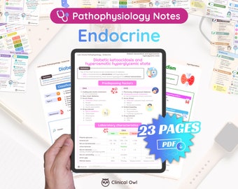 May include: A digital tablet displaying a 23-page PDF document titled "Pathophysiology Notes: Endocrine" with a section on "Diabetic ketoacidosis and hyperosmotic hyperglycemic state". The document includes a table with laboratory characteristics for Diabetic Ketoacidosis (DKA) and Hyperosmolar Hyperglycemic State (HHS).