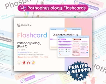 May include: A set of colorful flashcards for studying pathophysiology. The flashcards feature a cartoon owl logo and the text "Flashcard Pathophysiology (Part 1)". The set includes 118 cards, infographics, 28 common diseases and disorders, and a bonus of 1000+ free MCQs.
