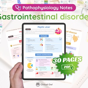 Puede incluir: Una ilustración digital de una pantalla de tableta que muestra una infografía médica sobre úlceras pépticas. La infografía incluye una definición, etiologías, manifestaciones clínicas y un gráfico circular que muestra que el 70% de las úlceras pépticas son asintomáticas. La tableta está sobre una superficie blanca con otras infografías médicas en el fondo. El texto en la tableta dice "Úlcera péptica", "Etiologías", "Manifestaciones clínicas", "Sintomático", "70% de las úlceras pépticas se presentan sin síntomas" y "30 PÁGINAS PDF".