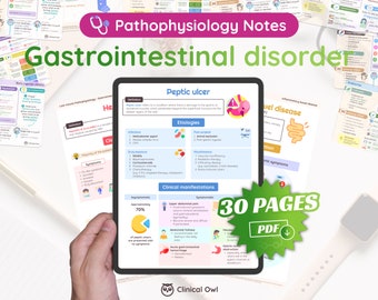May include: A digital illustration of a tablet screen showing a medical infographic about peptic ulcers. The infographic includes a definition, etiologies, clinical manifestations, and a pie chart showing that 70% of peptic ulcers are asymptomatic. The tablet is on a white surface with other medical infographics in the background. The text on the tablet reads "Peptic ulcer", "Etiologies", "Clinical manifestations", "Symptomatic", "70% of peptic ulcers are presented with no symptoms", and "30 PAGES PDF".