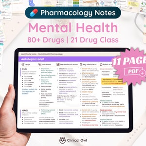 Mental Health Pharmacology | Psychiatry | Last Minute Study Note | Nursing, Medical, Pharmacy School | Study Guide | 11 Pages